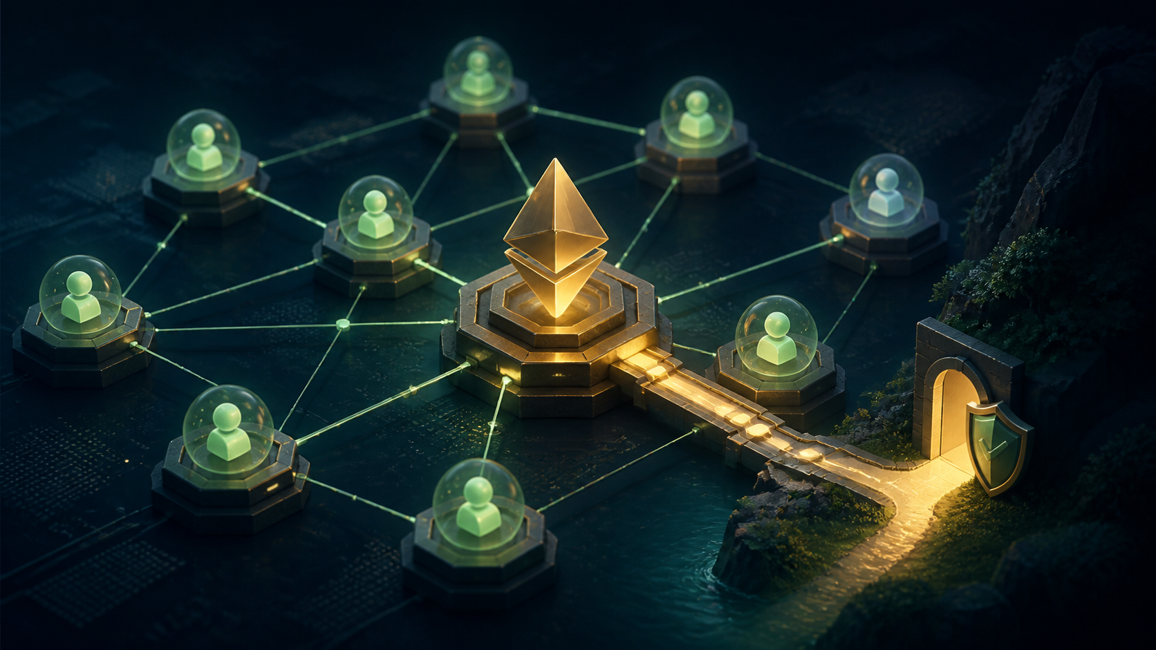 Editorial illustration of a proof-of-stake network with liquidity and risk controls.