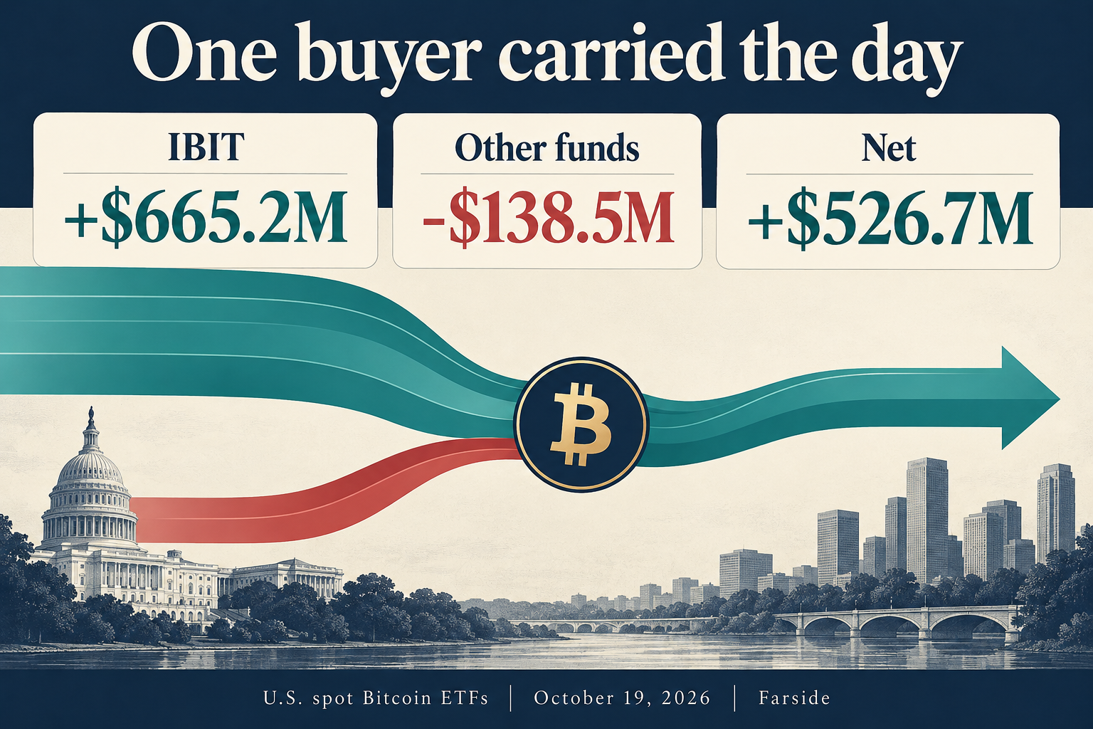 ETF flow diagram showing IBIT buying offset by combined outflows from other funds