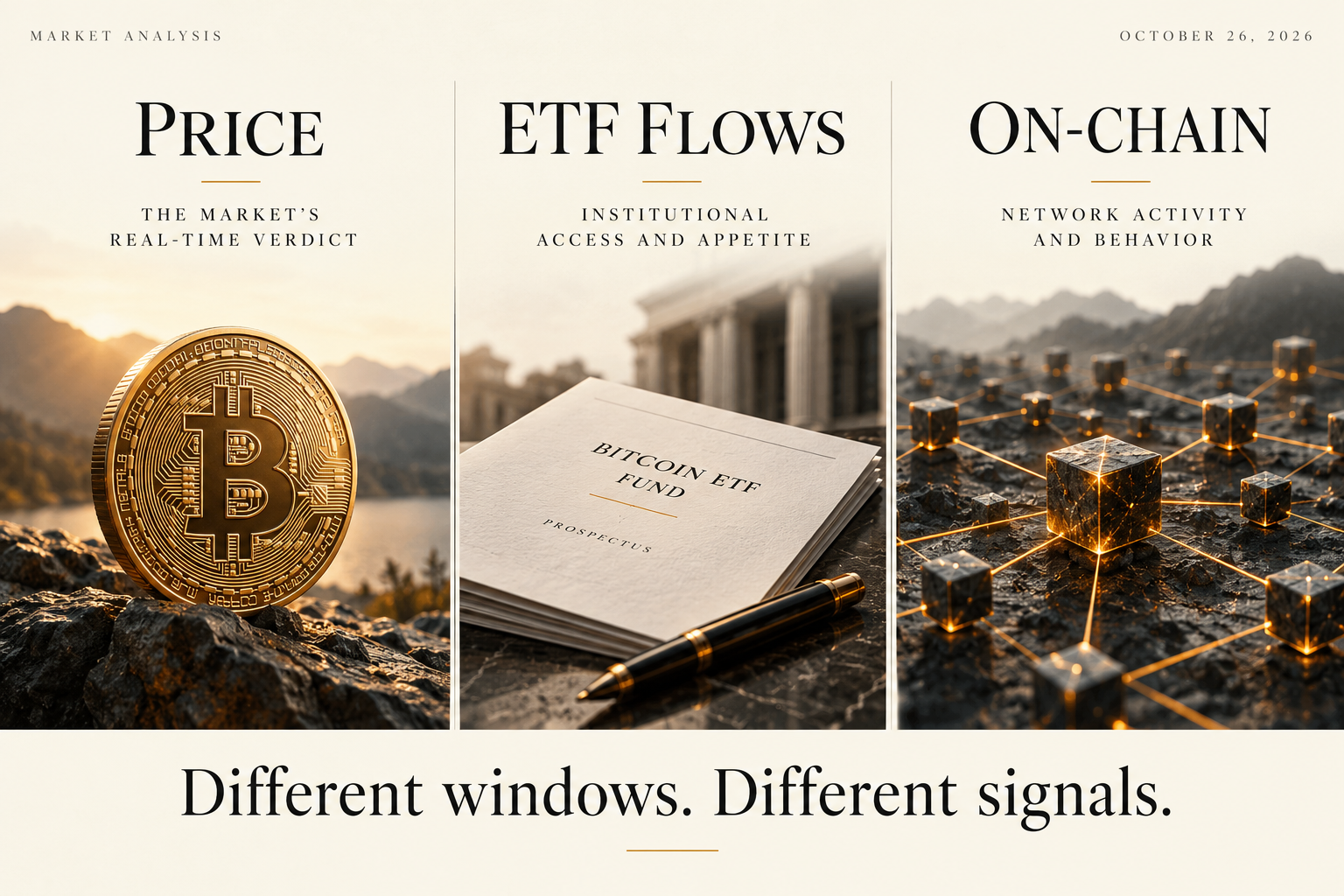 Separate evidence panels for spot price, ETF flows and on-chain analysis, emphasizing that the signals use different windows.