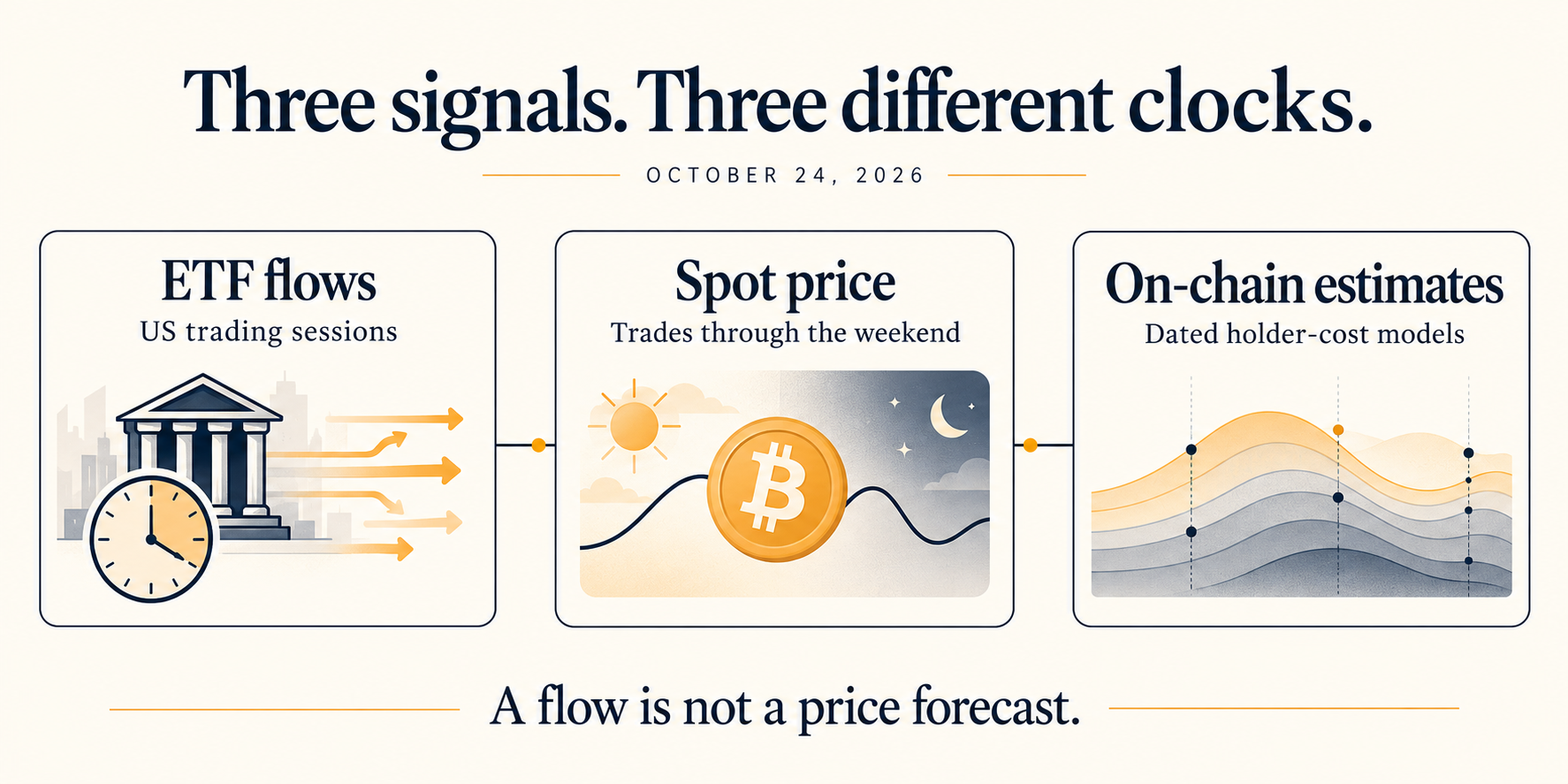 Three separate clocks for ETF sessions, continuous spot prices and dated on-chain estimates
