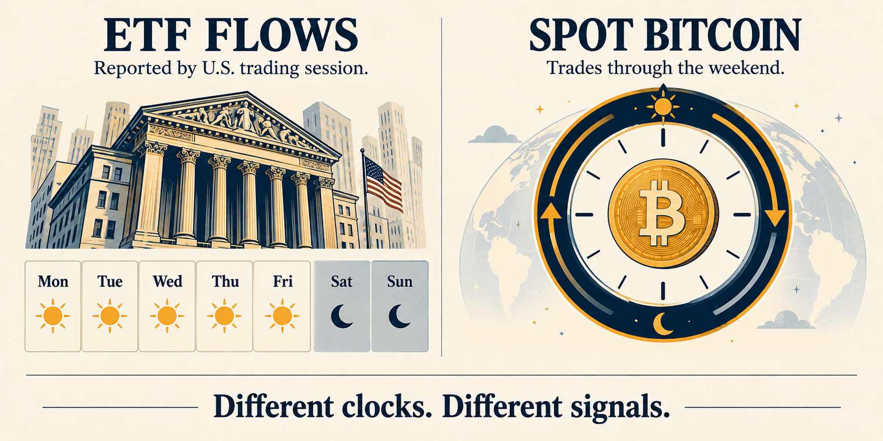 Diagram showing weekday ETF reporting alongside continuous weekend Bitcoin spot trading