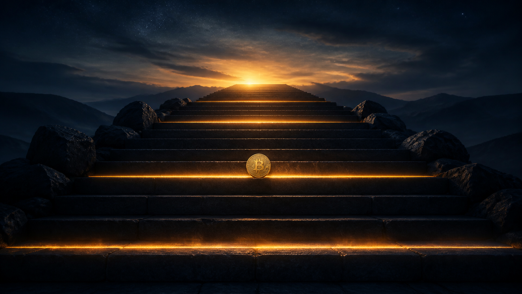 Editorial illustration of a bitcoin-inspired coin on a rising stone stairway, representing support and resistance confirmation