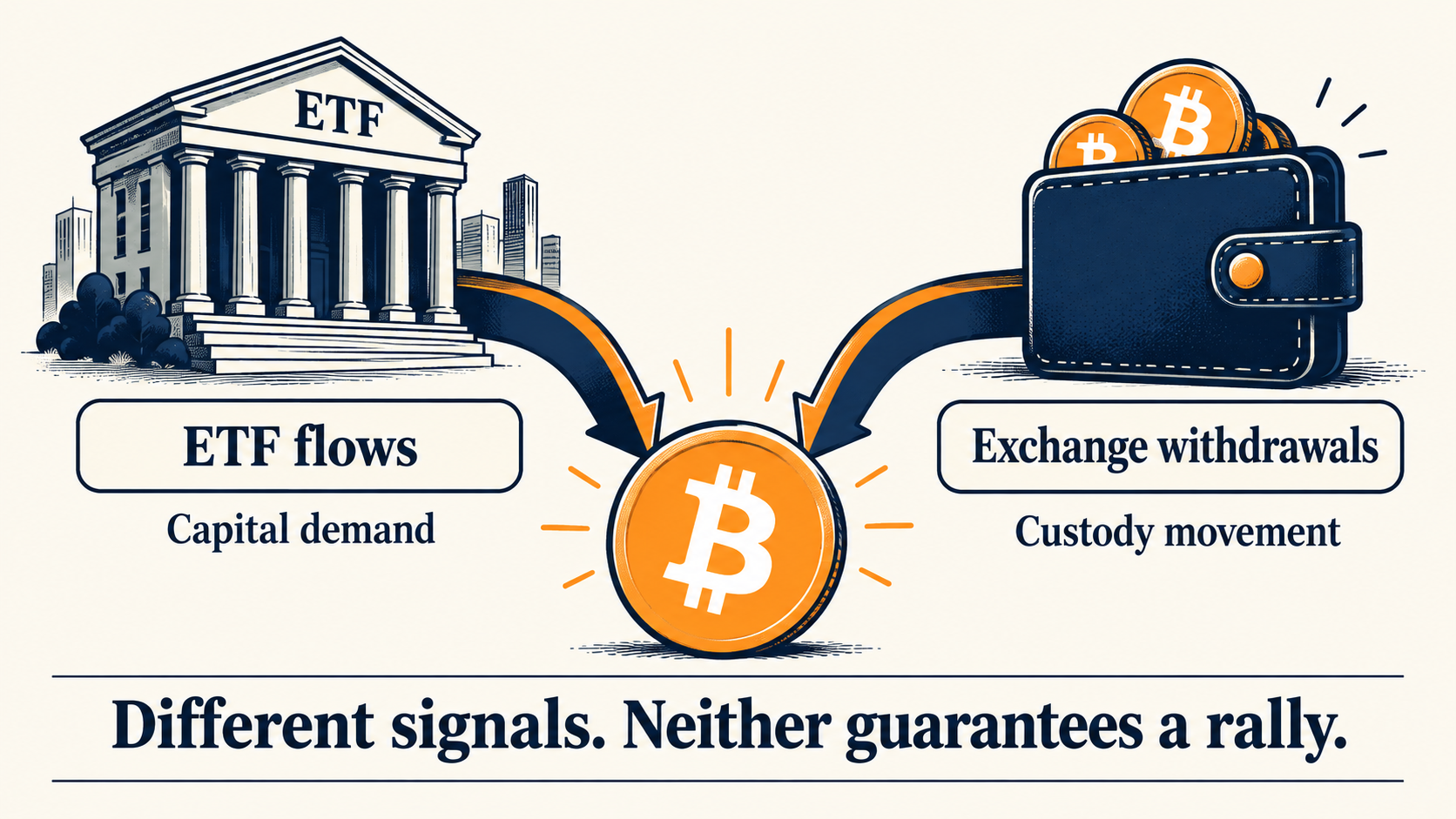 Illustration separating ETF capital demand from exchange withdrawals as custody movement
