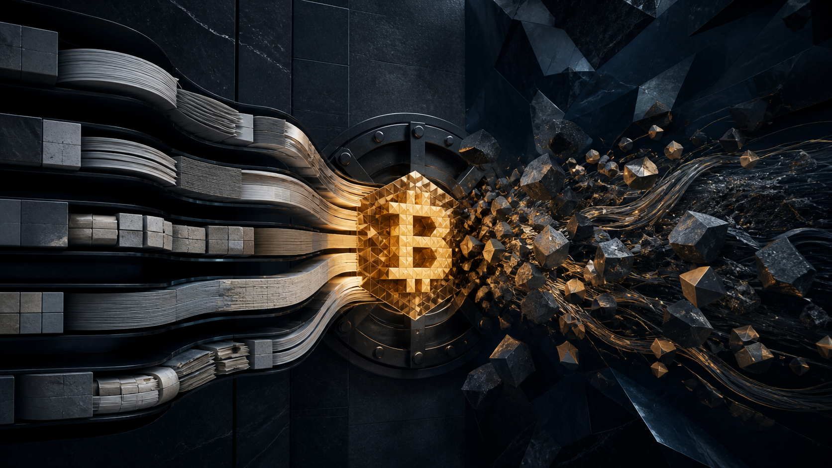 Editorial illustration of institutional capital streams converging toward a Bitcoin-inspired core