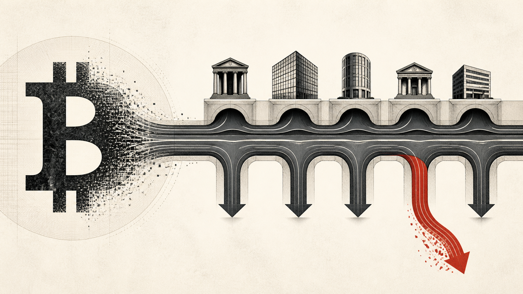 A modern editorial illustration of Bitcoin ETF channels splitting into inflow and outflow paths
