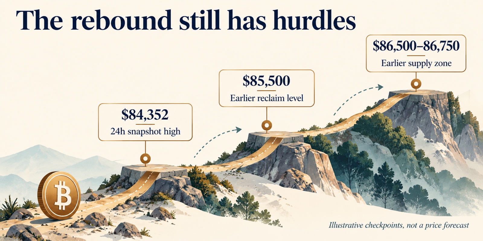 Illustrative Bitcoin recovery checkpoints at $84,352, $85,500 and the earlier $86,500–$86,750 supply zone