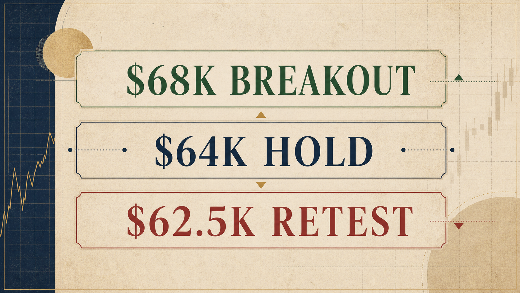 Magazine-style market opinion map showing $68K breakout, $64K hold, and $62.5K retest